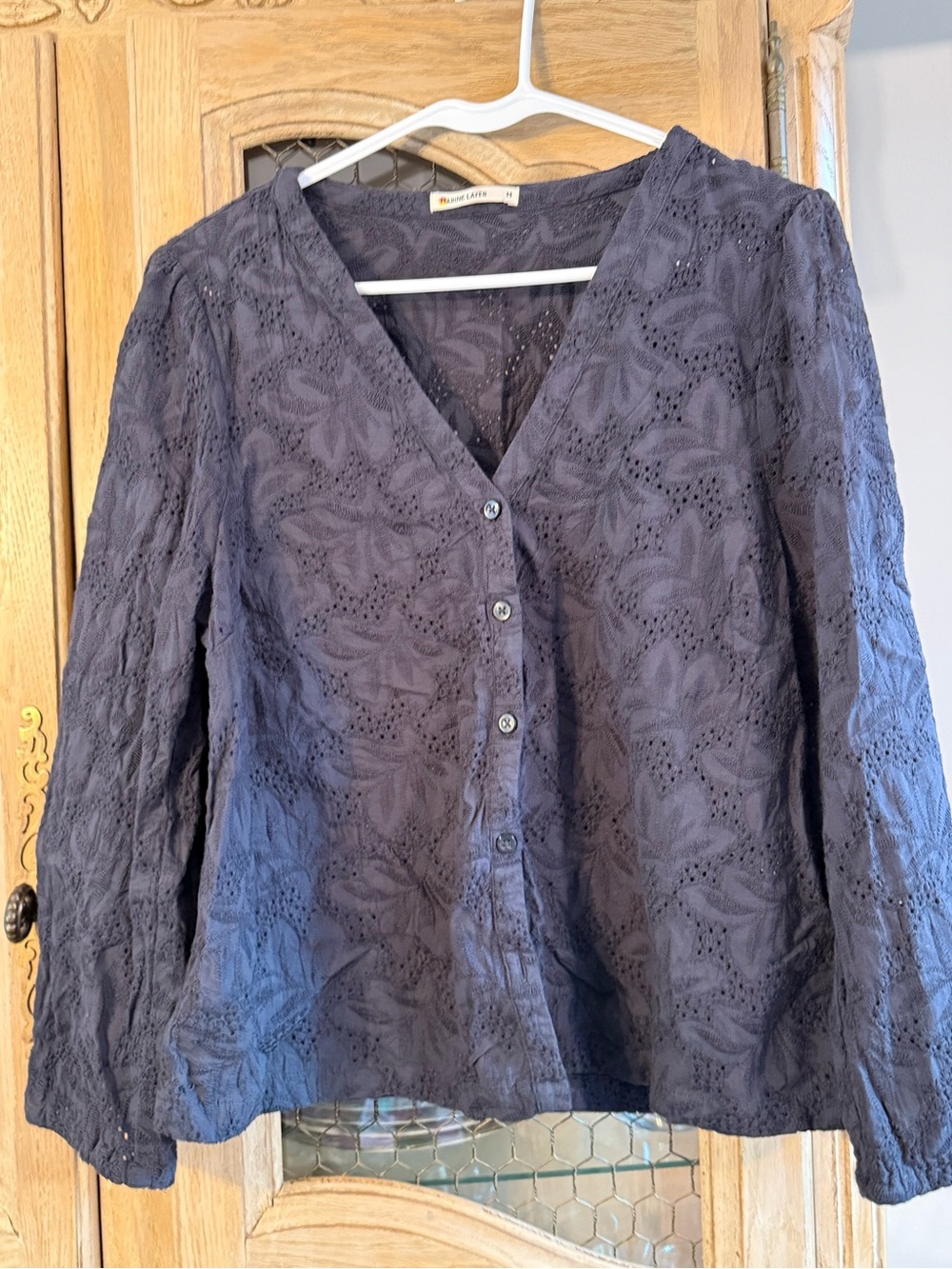Marine Layer Eyelet Button-Front V-Neck Blouse - Navy
